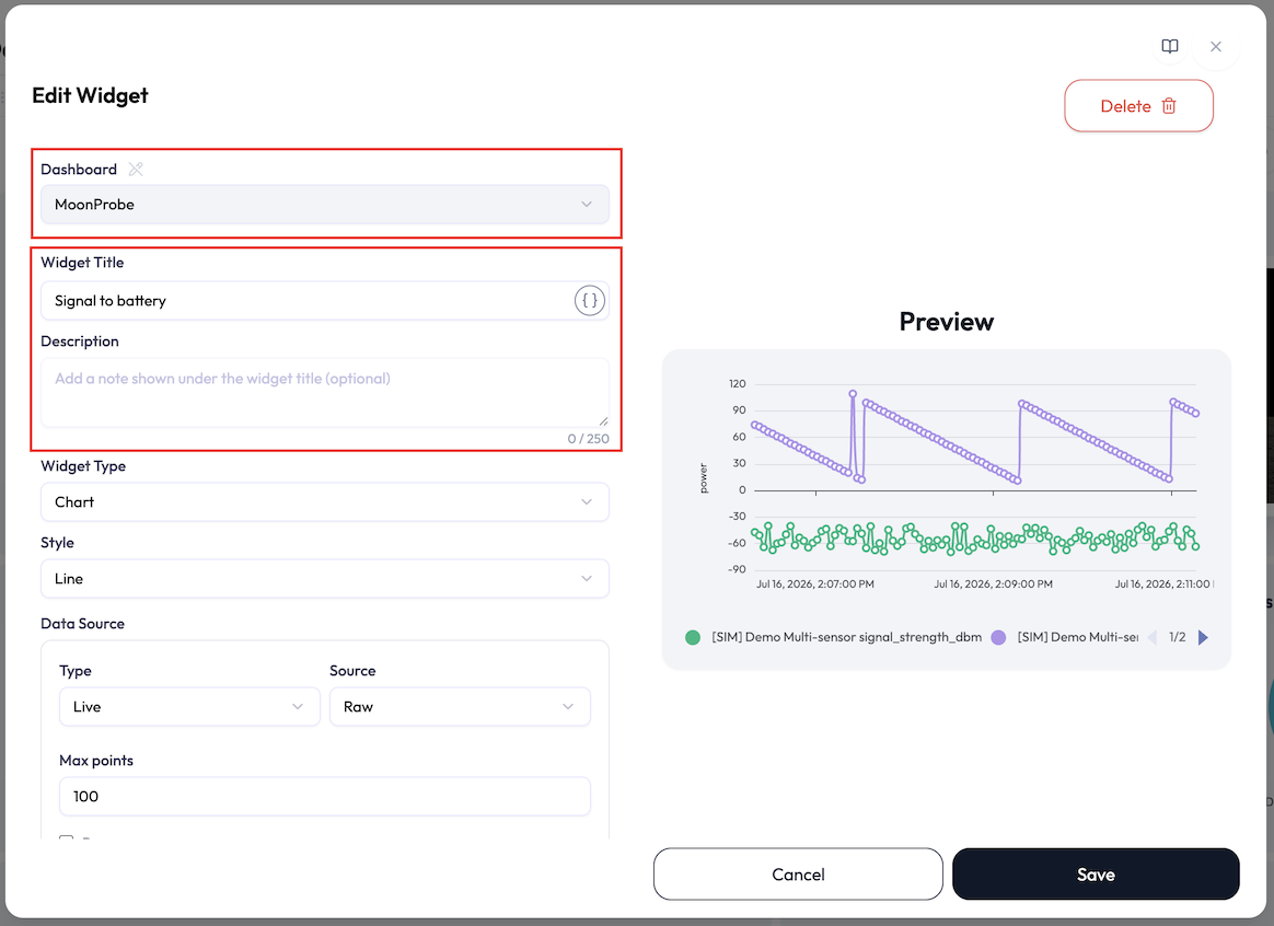 Widget editor fields for dashboard, title, and description.