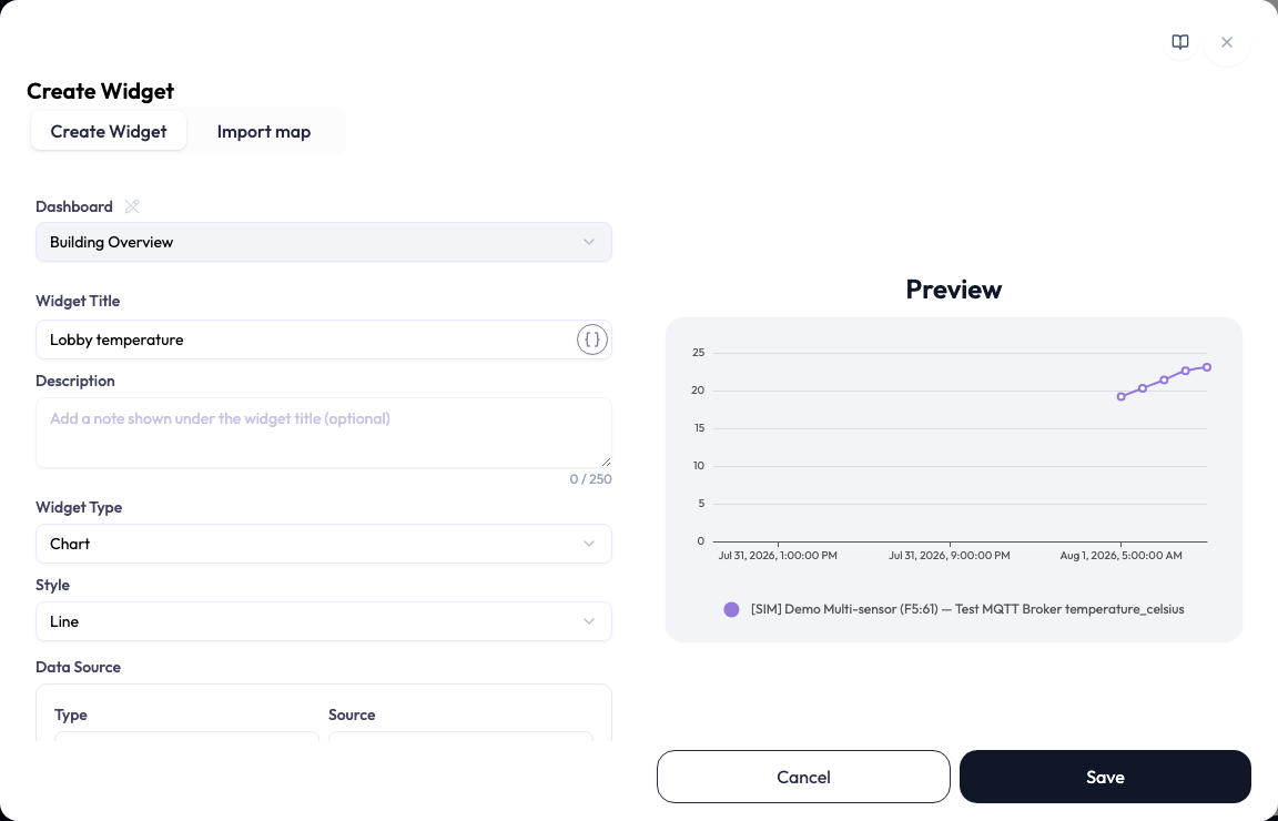 Create Widget dialog with settings on the left and a preview on the right.