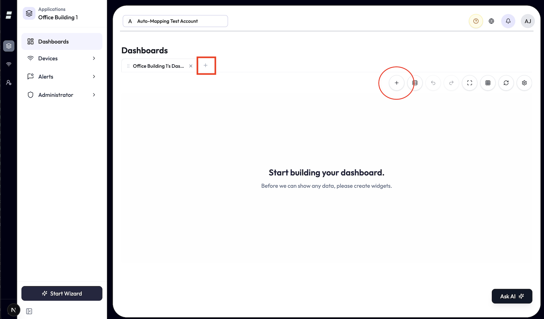 Dashboards page with no open dashboard tabs.