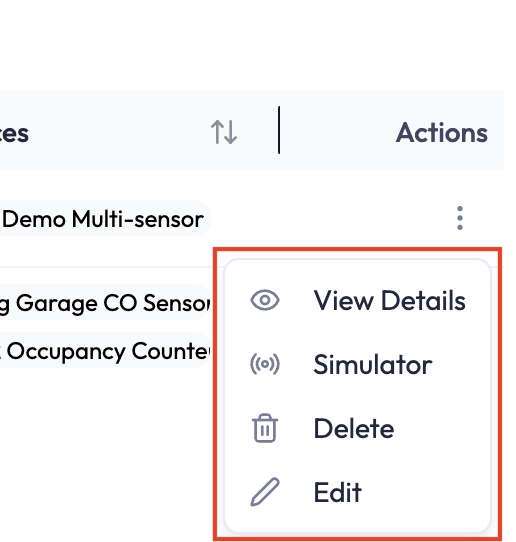 The actions menu opened from the three-dot icon in the Actions column of a Device Endpoints row. The menu lists View Details, Simulator, Delete, and Edit.