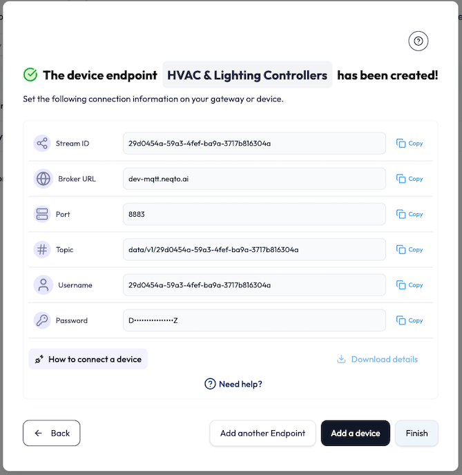 The credentials summary after creating an endpoint: rows for Stream ID, host or URL, port, topic or method, username, a masked password with a copy button, and a CA certificate with copy, download, and expiry date. The exact rows depend on the connectivity and authentication type. A How to connect a device link and a Download details button sit at the bottom.