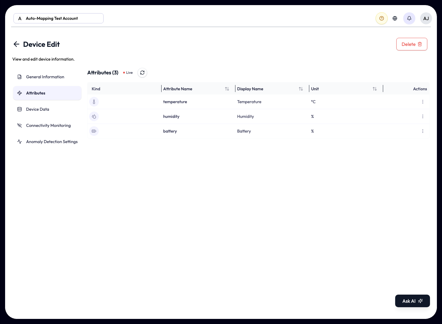 The Device Edit screen on its Attributes tab, listing the auto-detected measurements in a table. A heading reads Attributes with the count, beside a Live indicator and a refresh button. The columns are Kind, Attribute Name, Display Name, Unit, and an Actions menu with an Edit option on each row. The Kind column shows a thermometer beside the temperature row, a droplet beside humidity and a battery beside battery. Each row has a readable Display Name, such as Temperature, Humidity, or Battery, beside its raw attribute name.