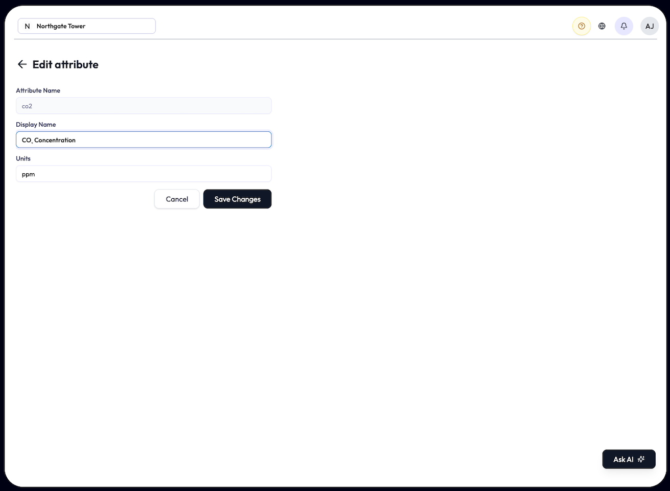 Edit attribute form with a read-only Attribute Name field, an editable Display Name field, and an editable Units field, plus Cancel and Save Changes buttons.