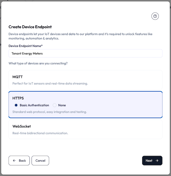 Create Device Endpoint form: a Device Endpoint Name field (required), then a card for each connectivity type (MQTT, HTTPS, WebSocket), each with radio buttons for its authentication type.