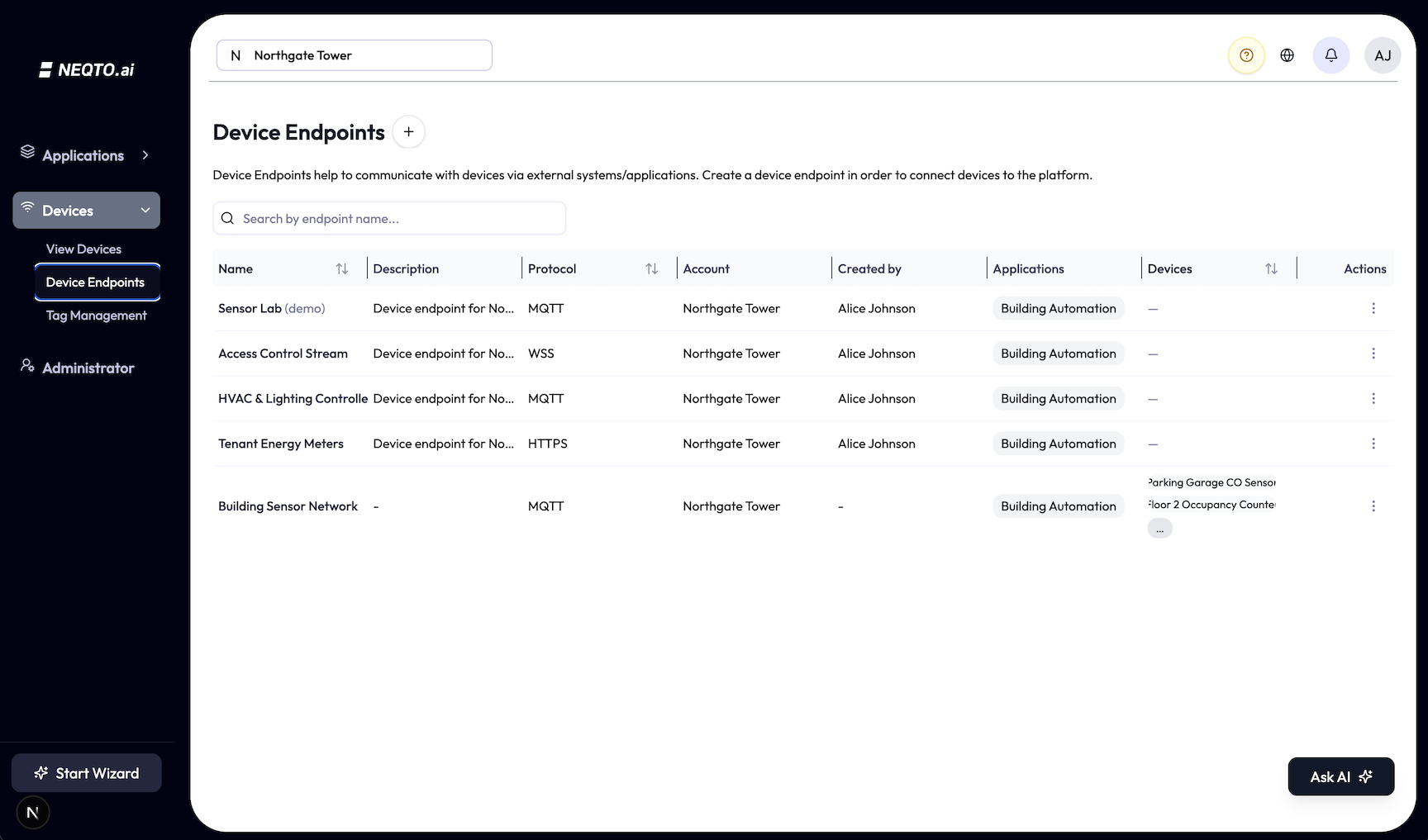 Device Endpoints list shown as a table inside an application. Columns: Name (with a demo tag where applicable), Description, Protocol, Account, Created by, Applications, and a Devices count showing connected device names. A search box sits above the table and each row has an actions menu.