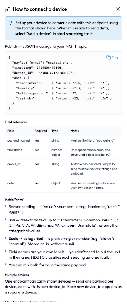 The How to connect a device helper panel, opened for an MQTT endpoint. A tip at the top explains that you configure the device with this endpoint's connection details and use the recommended example or another supported JSON shape. Below it, an MQTT topic options block gives the endpoint's own topic, notes that supported vendor topic shapes may be used instead with no setting changed, and lists the preconfigured topic formats and their limits. Under that is the recommended neqtoai-std payload example with a Copy button, followed by the start of the field reference table.
