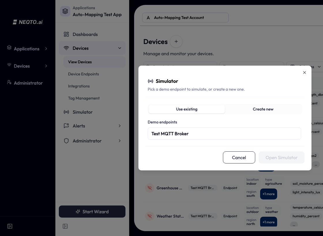 The application sidebar with its Simulator item below Devices, and the Simulator endpoint picker open beside it. The picker is headed Simulator with the line Pick a demo endpoint to simulate, or create a new one. It has Use existing and Create new tabs, a Demo endpoints list with one endpoint in it, and Cancel and Open Simulator buttons.