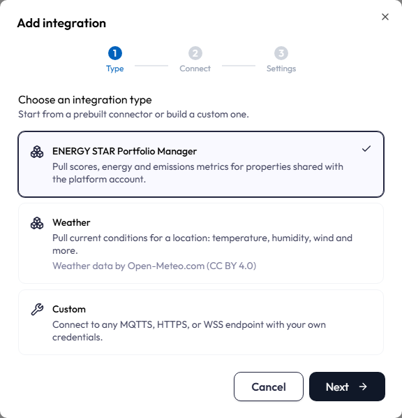 Wizard step 1 (Type), headed Choose an integration type. A Weather card sits above a Custom card, and Custom is selected with a check mark.