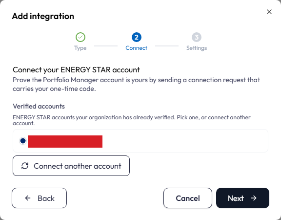 The Connect step of the Add integration dialog once an account is verified. A Verified accounts section notes that these are ENERGY STAR accounts the organization has already verified and invites you to pick one or connect another. One account is listed with its radio button selected, and a Connect another account button sits below. Back, Cancel and Next run along the bottom.