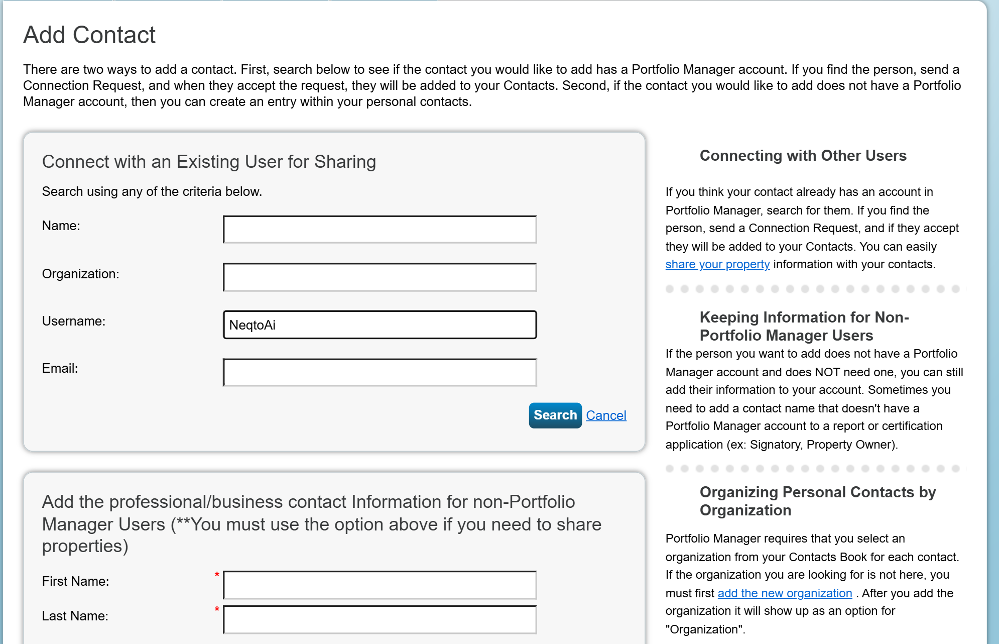 The Add Contact page in Portfolio Manager. A panel headed Connect with an Existing User for Sharing offers Name, Organization, Username and Email search fields, with the platform account's username typed into the Username field, and Search and Cancel controls beneath. A side panel headed Connecting with Other Users explains that you search for a contact, send a Connection Request, and they join your Contacts once they accept.