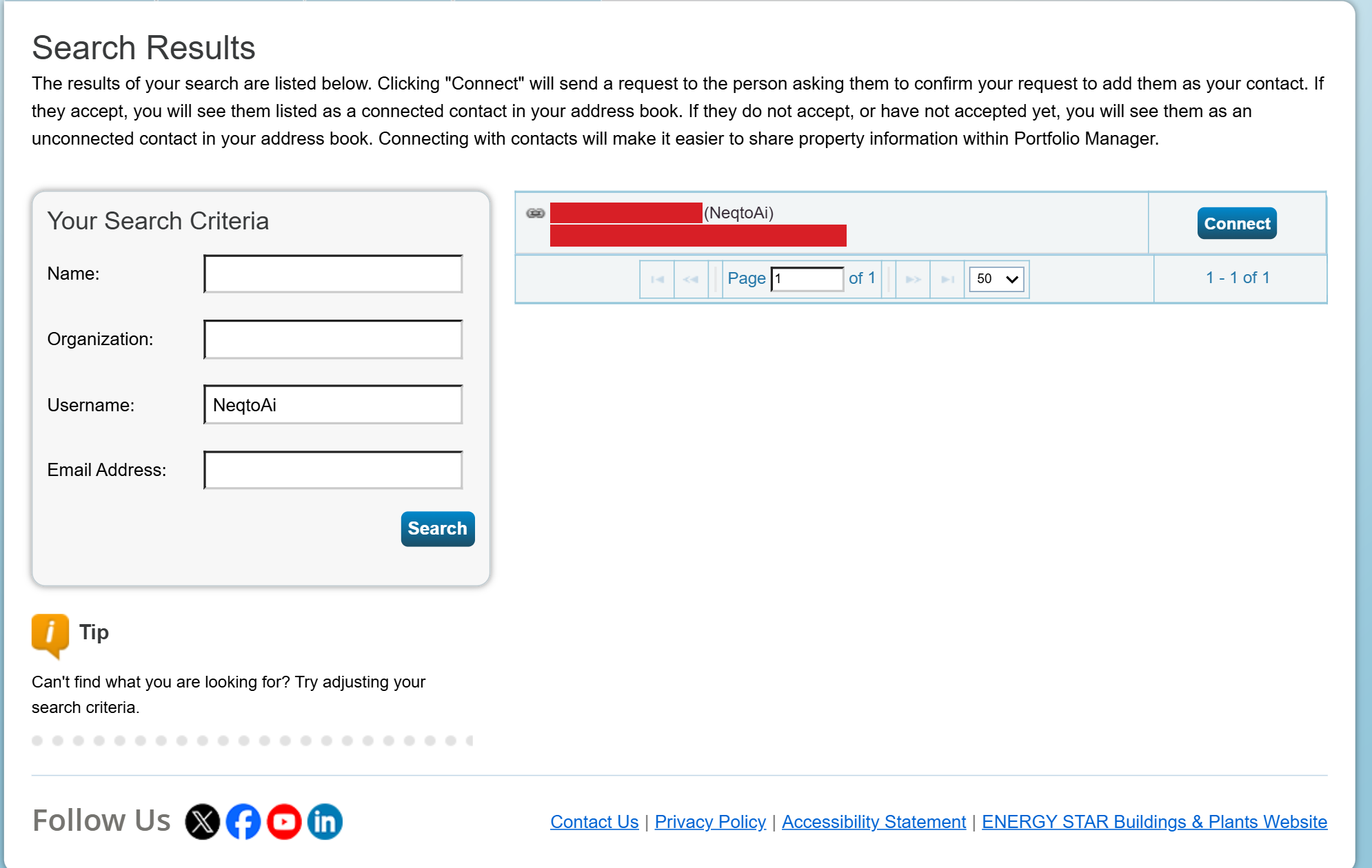The Portfolio Manager search results page. A single result row shows the platform account with a Connect button beside it. On the left, a Your Search Criteria panel repeats the Name, Organization, Username and Email Address fields with the username still filled in.