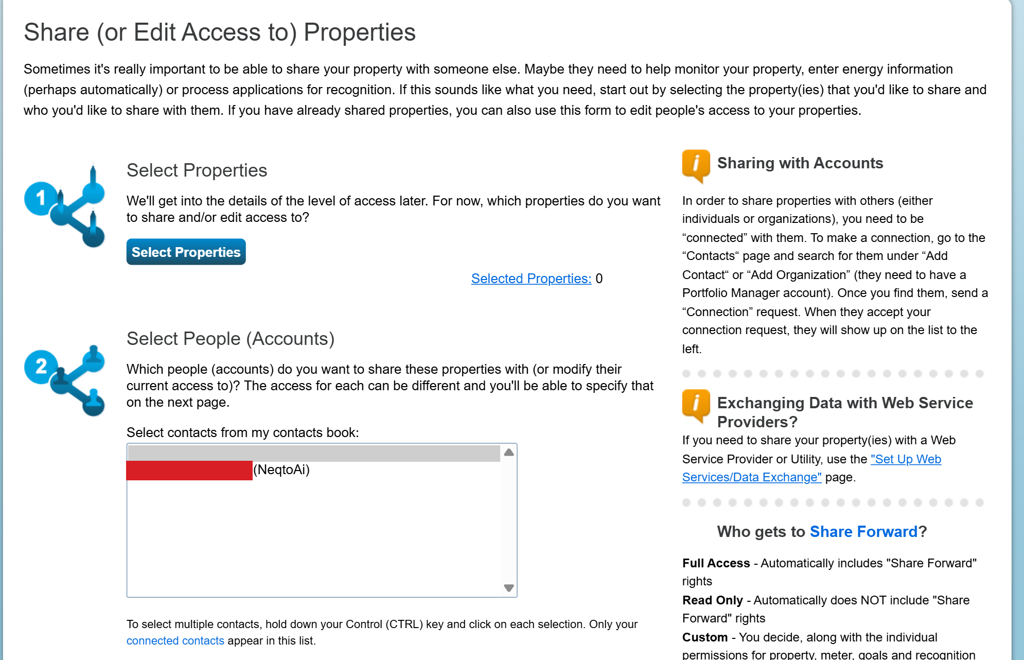 The Share (or Edit Access to) Properties page in Portfolio Manager. Step 1, Select Properties, offers a Select Properties button and reads Selected Properties: 0. Step 2, Select People (Accounts), shows a contacts list holding the platform account, with a note that only connected contacts appear in the list. A side panel headed Sharing with Accounts explains that you must be connected before you can share, and a second panel points at the Set Up Web Services and Data Exchange page.