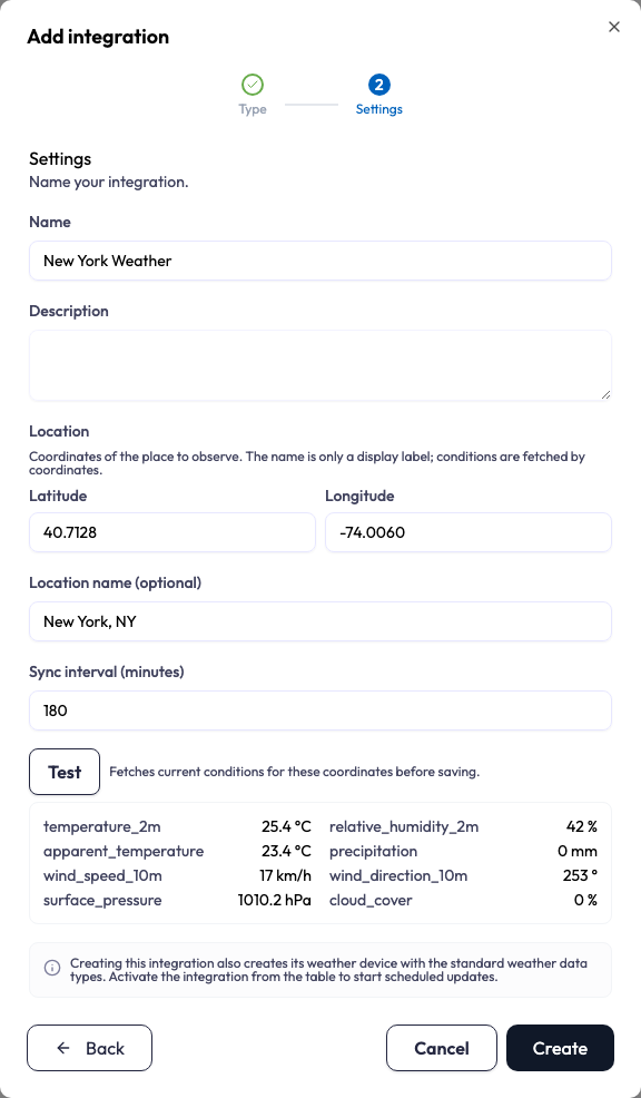 The Settings step for a Weather integration. Name reads New York Weather. Under Location are Latitude 40.7128 and Longitude -74.0060, an optional location name of New York, NY, and a sync interval of 180 minutes. Below a Test button a preview lists the eight fetched variables with their values and units, and a note says that creating the integration also creates its weather device and that it must be activated from the table to start scheduled updates.