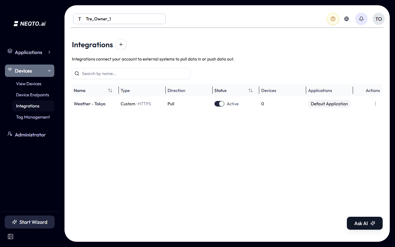 The Integrations screen showing a table of integrations with name, protocol, direction, status, and an Actions column.