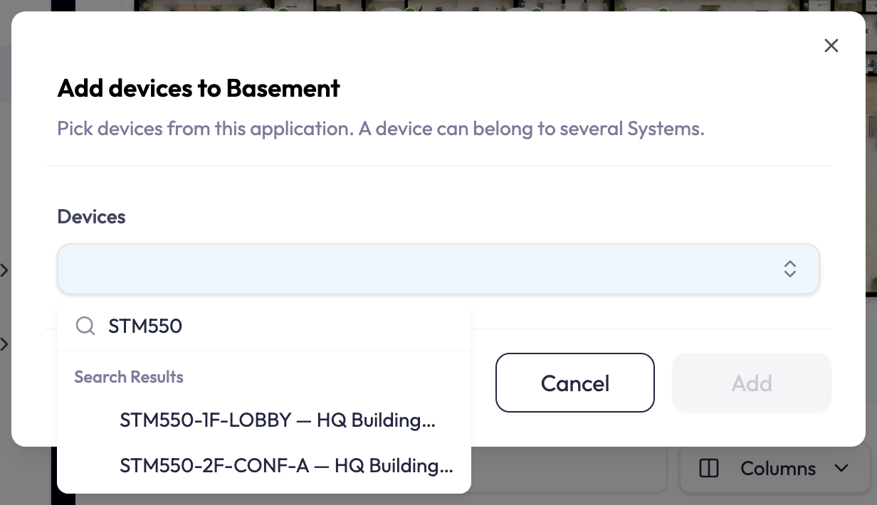 The Add devices to Basement dialog: Pick devices from this application, a device can belong to several Systems. The Devices picker is open with a search for STM550 showing two matching devices.