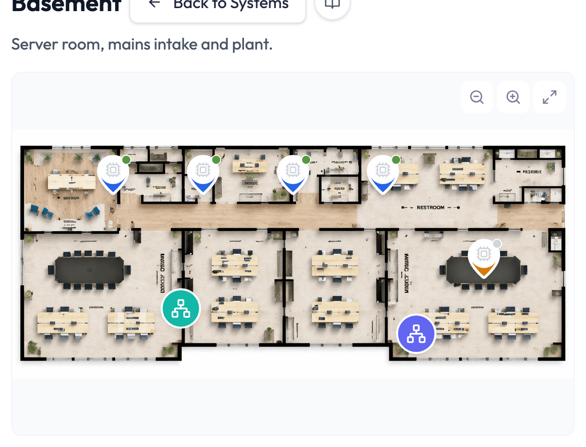 The Basement System's image map: a floor plan with four blue device pins showing green status dots, one orange device pin with a grey dot for a disconnected device, and two round child-System pins for Server Room and Mains Room, with zoom and full-screen controls above the canvas.