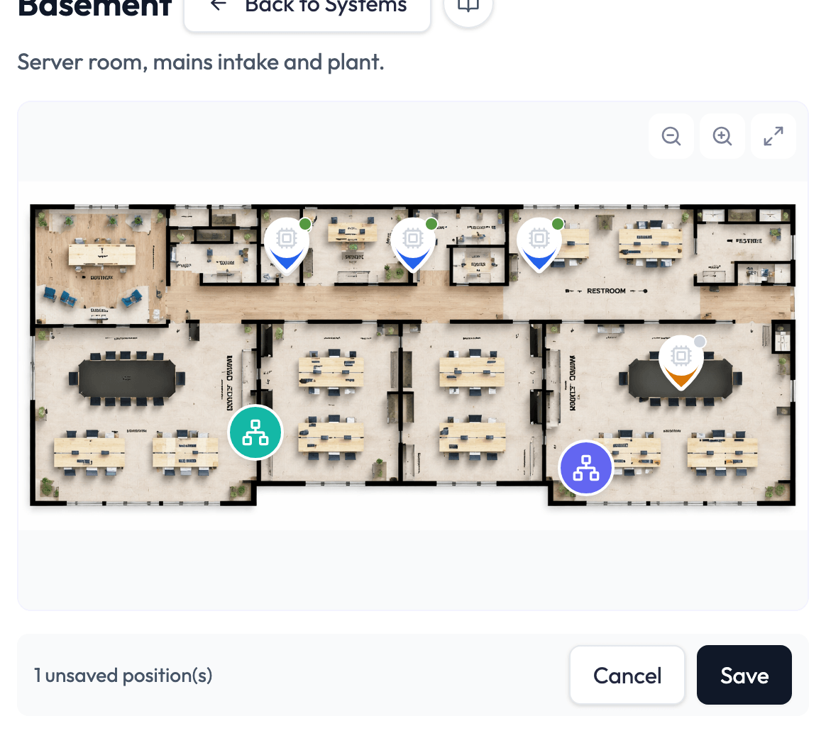 The image map after dragging a pin: a bar has appeared under the canvas reading 1 unsaved position(s), with Cancel and Save buttons.