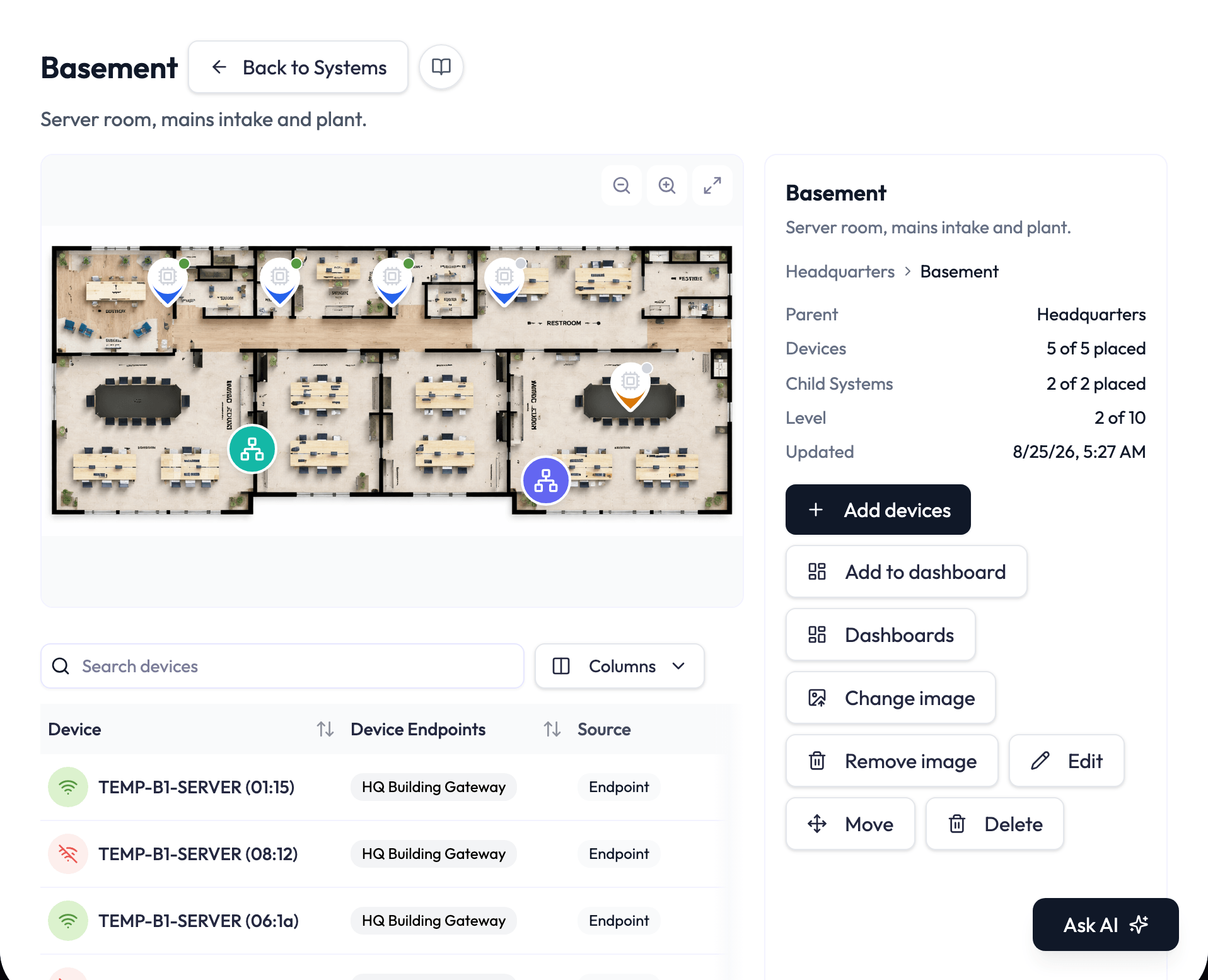 The System detail page for Basement: the header shows the name, description and a documentation icon; the facts panel shows the breadcrumb Headquarters › Basement, Parent Headquarters, Devices 5 of 5 placed, Child Systems 2 of 2 placed, Level 2 of 10 and the last update, with buttons for Add devices, Add to dashboard, Dashboards, Change image, Remove image, Edit, Move and Delete.