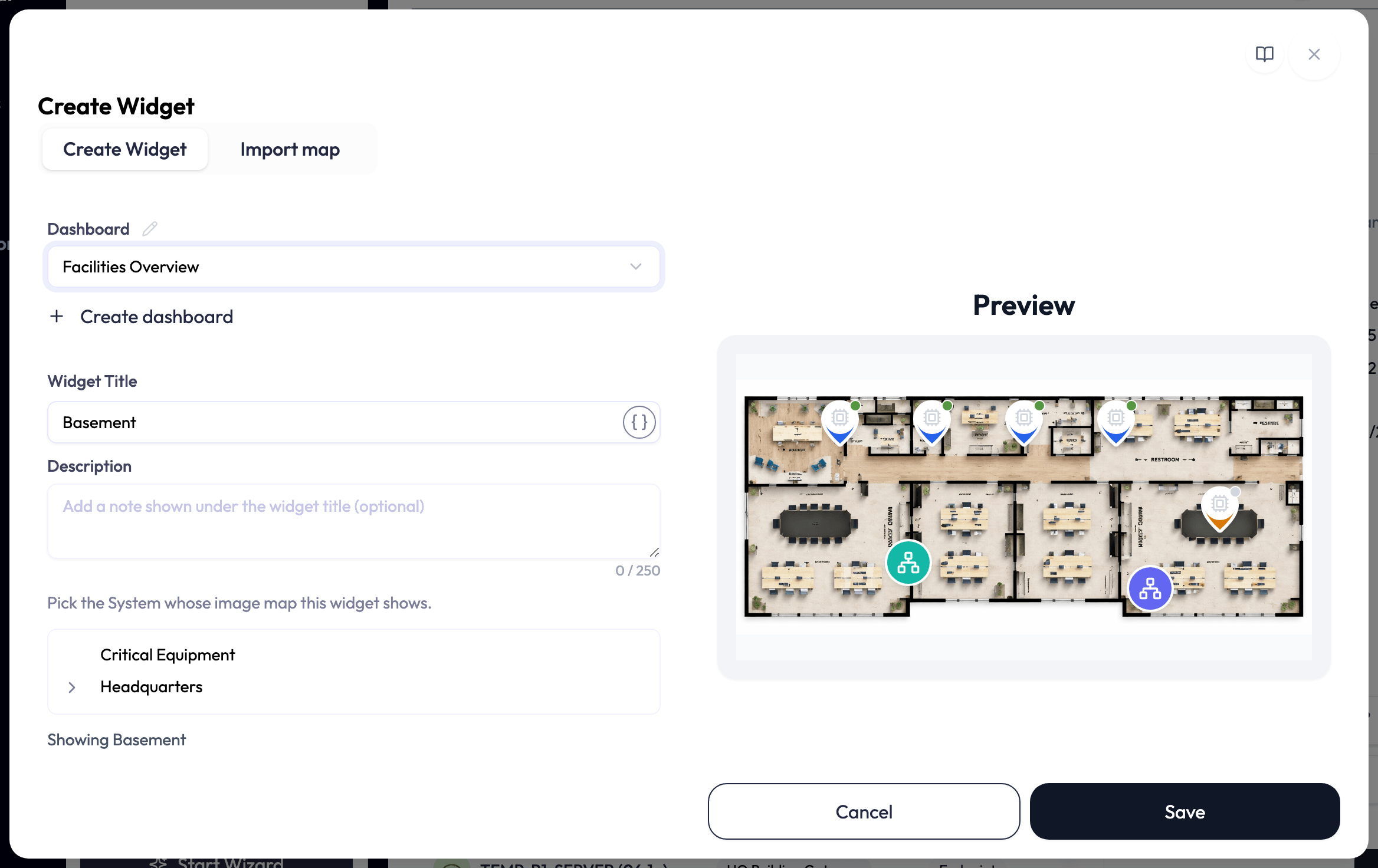 The Create Widget editor opened from the Basement System's Add to dashboard button: the dashboard Facilities Overview is selected, the title is prefilled with Basement, and the System panel reads Pick the System whose image map this widget shows, with the tree picker listing Critical Equipment and Headquarters and the note Showing Basement.
