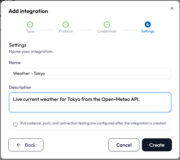 Wizard step 4 (Settings) with the name and description fields.