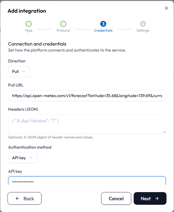 Wizard step 3 (Credentials) with direction, pull URL, headers, and the API key authentication method.