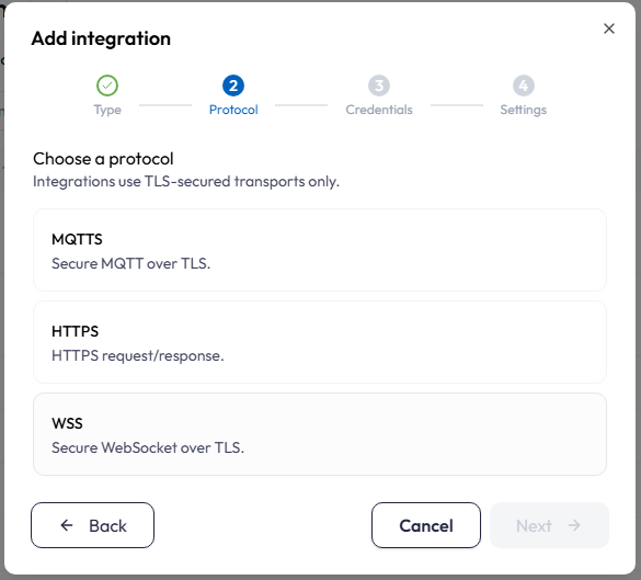 Wizard step 2 (Protocol) listing HTTPS, WSS, and MQTTS.