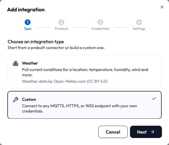 Wizard step 1 (Type), headed Choose an integration type. A Weather card sits above a Custom card, and Custom is selected with a check mark.