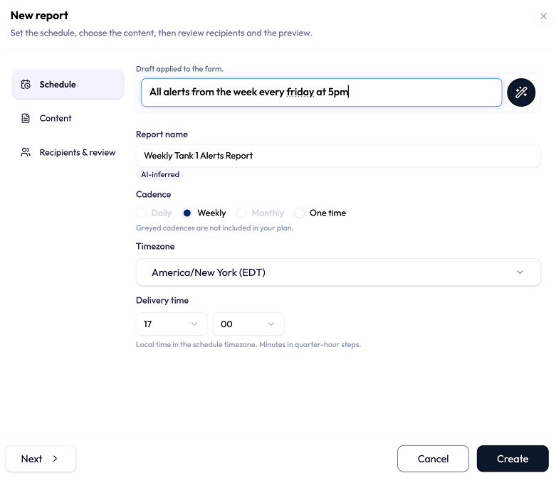 New report form scheduling a weekly alerts report every Friday at 5pm