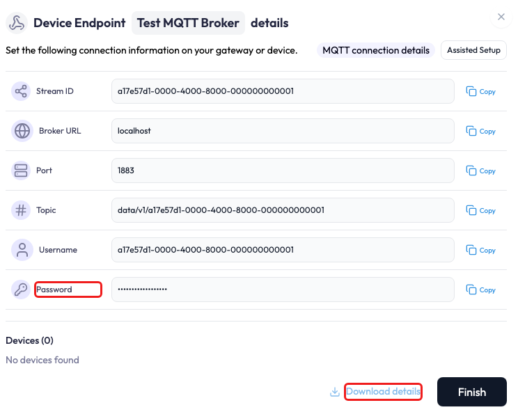 Device Endpoint details dialog for Test MQTT Broker showing Stream ID, Broker URL, Port, Topic, and Username with a Copy control on each row. The Password row label is outlined in red and its value stays masked, and Download details is outlined in red beside Finish.