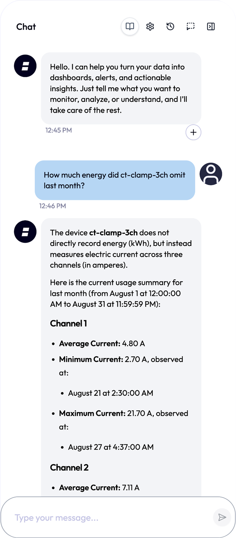 Chat asking how much energy ct-clamp-3ch used last month, with a per-channel current summary