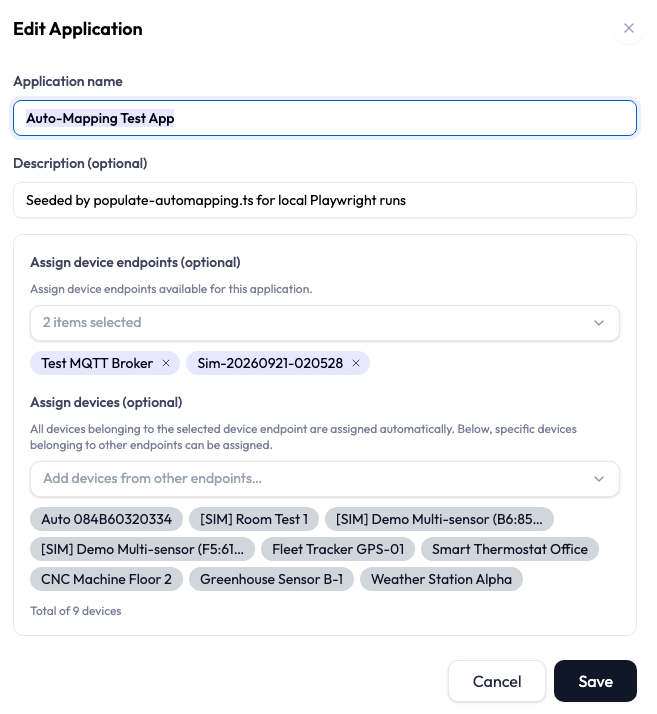 Edit Application dialog on one screen, pre-filled with the Application's existing name, description, and endpoint and device assignments.