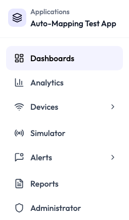 Application sidebar for Auto-Mapping Test App listing Dashboards, Analytics, Devices, Simulator, Alerts, Reports, and Administrator.