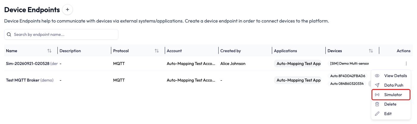 Device Endpoints table with the Test MQTT Broker demo row and its Actions menu open. The menu lists View Details, Data Push, Simulator, Delete, and Edit in that order, with Simulator outlined in red and nothing selected.