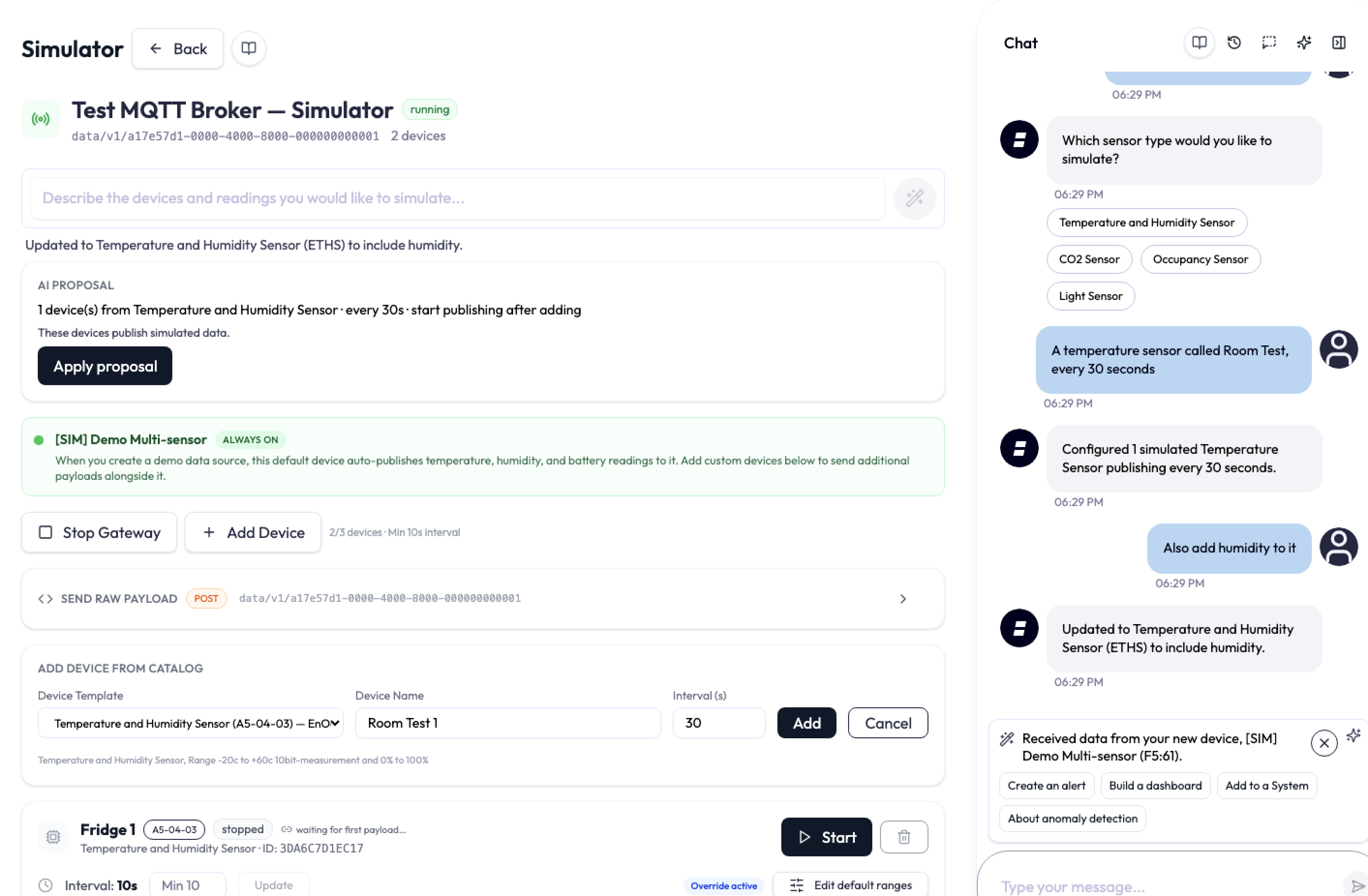 Simulator page for Test MQTT Broker beside the Ask AI chat panel. AI asks which sensor type to simulate and offers suggested answers. The user requests a temperature sensor called Room Test every 30 seconds, then asks to add humidity. AI confirms the revision. The page shows a proposal for one Temperature and Humidity Sensor every 30 seconds, set to start publishing after adding, with Apply proposal and the populated catalog form visible.