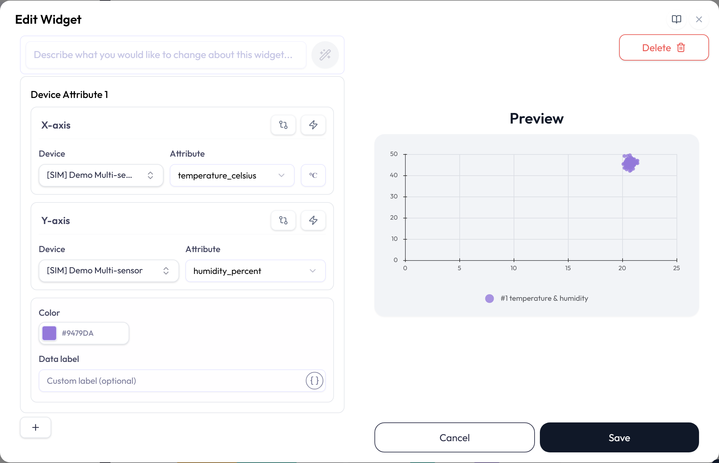 XY-Chart settings with paired X-axis and Y-axis attributes.