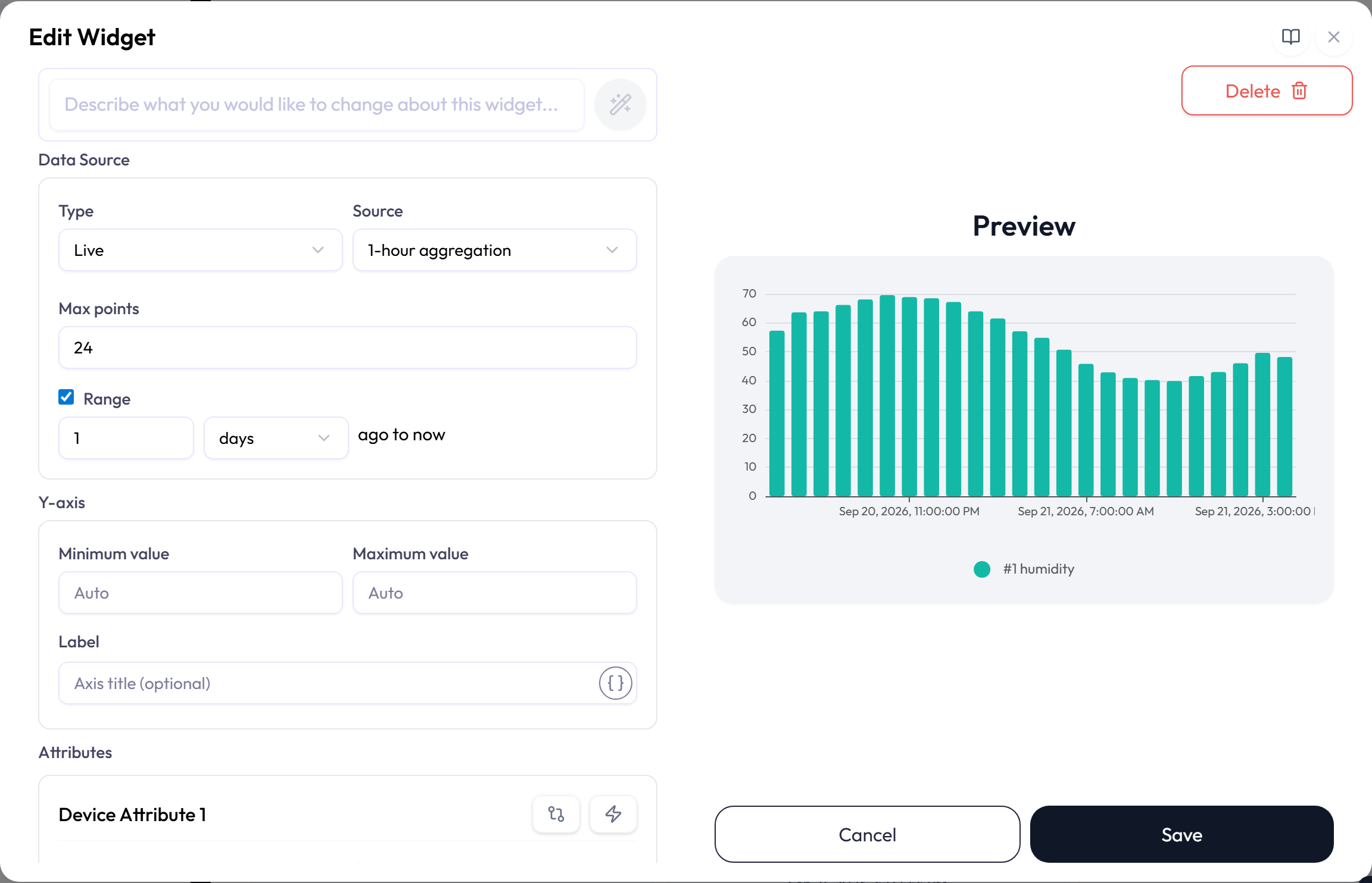 Chart settings for the Data Source block with Type, Source and Max points, and the Y-axis ranges.