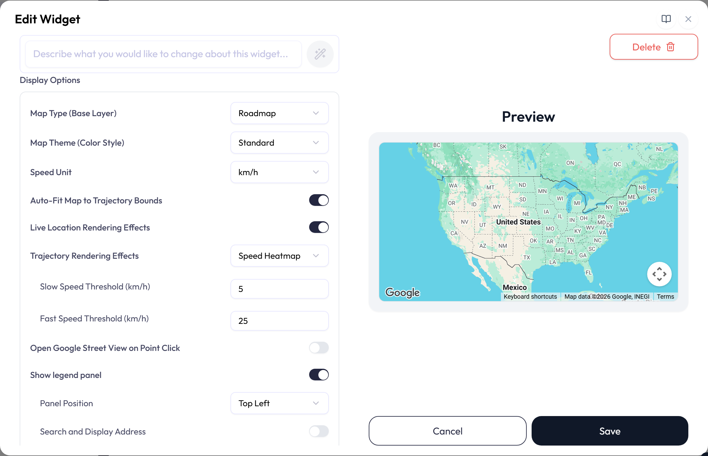 Tracking Map settings for map style, speed, trail, framing, and information.