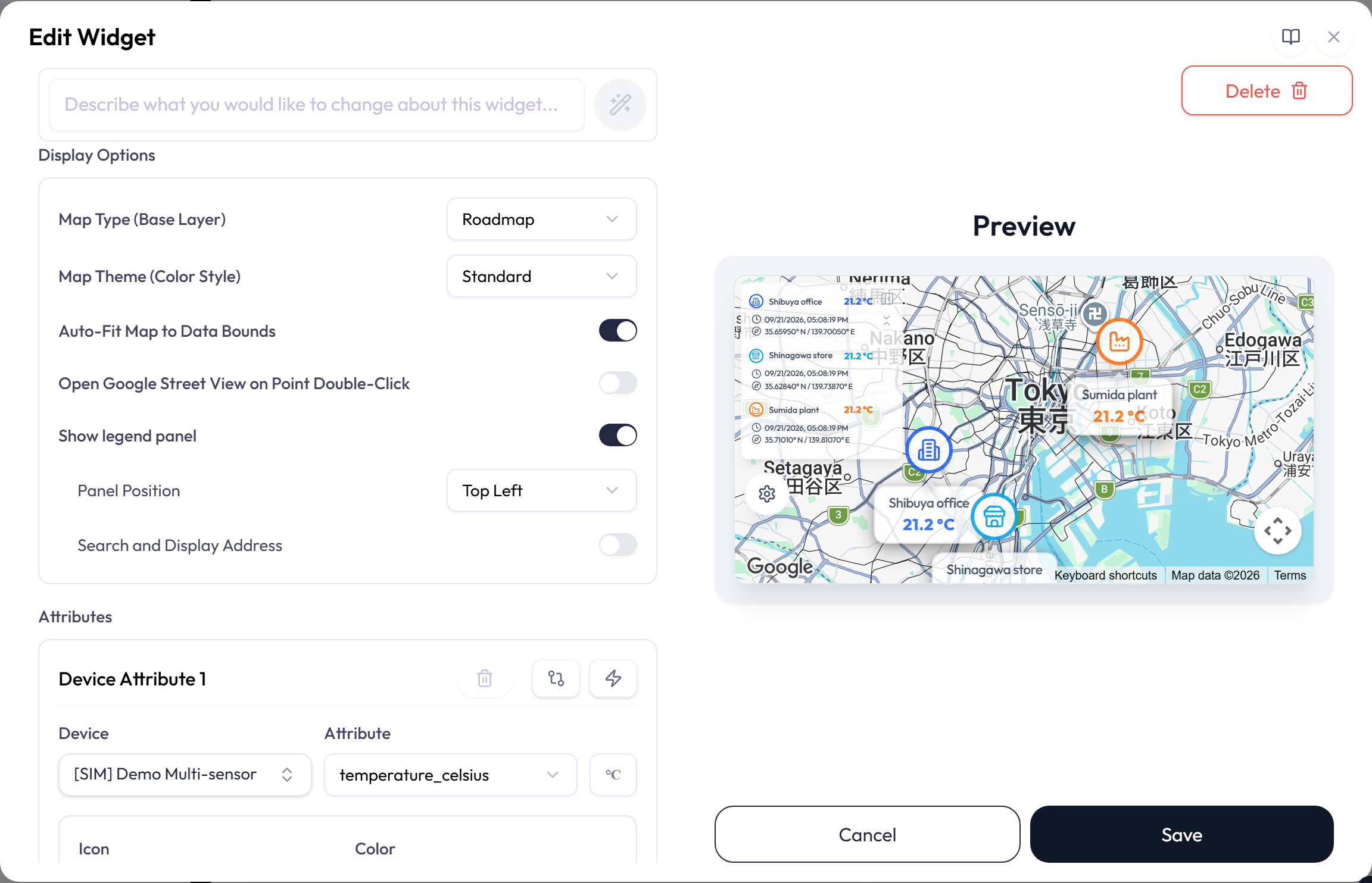 The Create Widget editor for a Multi Status World Map: Display Options with Map Type, Map Theme, Auto-Fit Map to Data Bounds, Street View, Show legend panel and Panel Position, then an attribute row with Device, Attribute, Icon, Color, a Search by address field and Latitude and Longitude inputs. The preview shows a roadmap with one marker.
