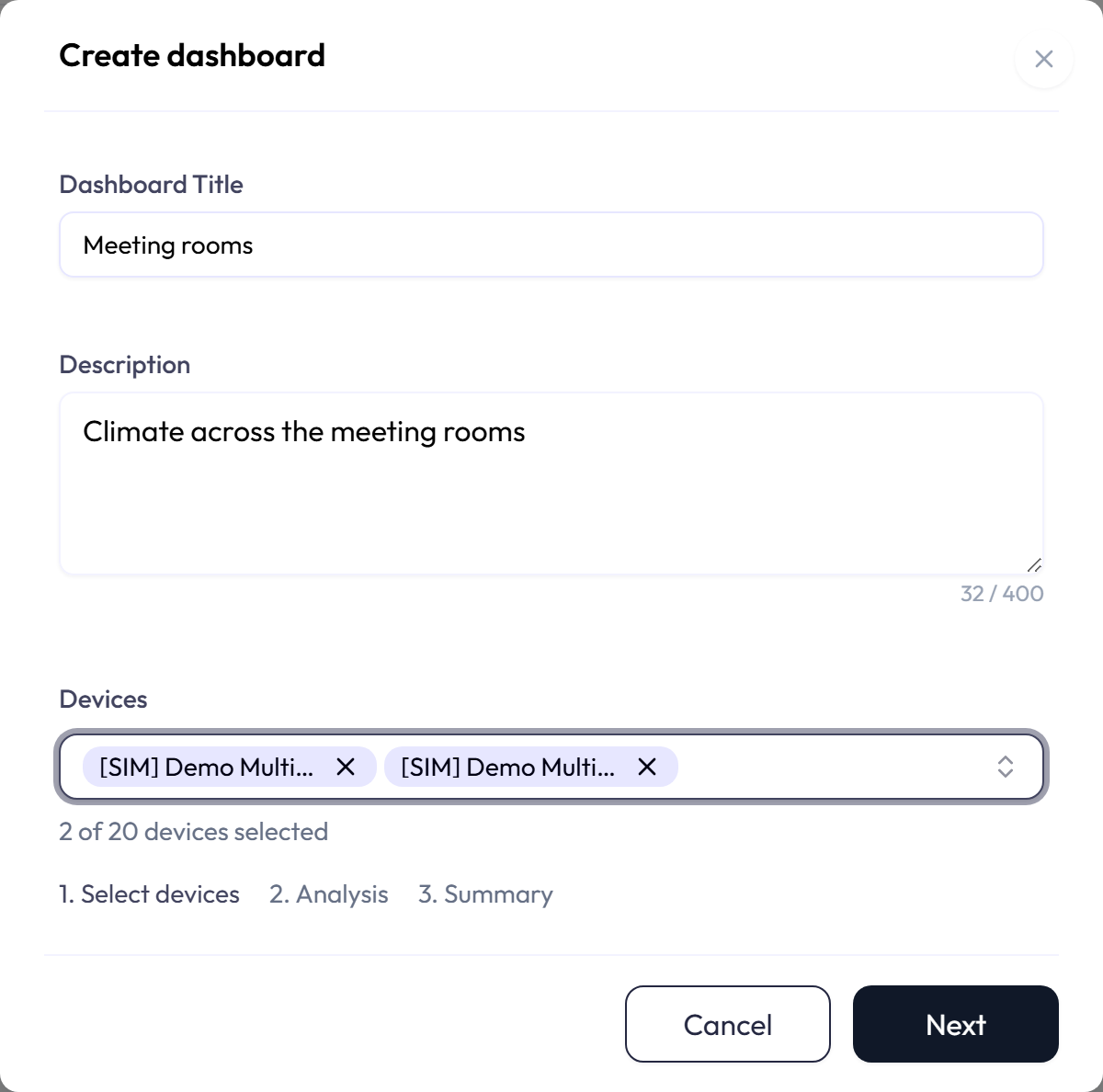 The Create dashboard dialog with the title Meeting rooms and a description filled in, a Devices picker holding two selected sensors, the count 2 of 20 devices selected, the step indicator reading 1. Select devices, 2. Analysis, 3. Summary, and Cancel and Next buttons.