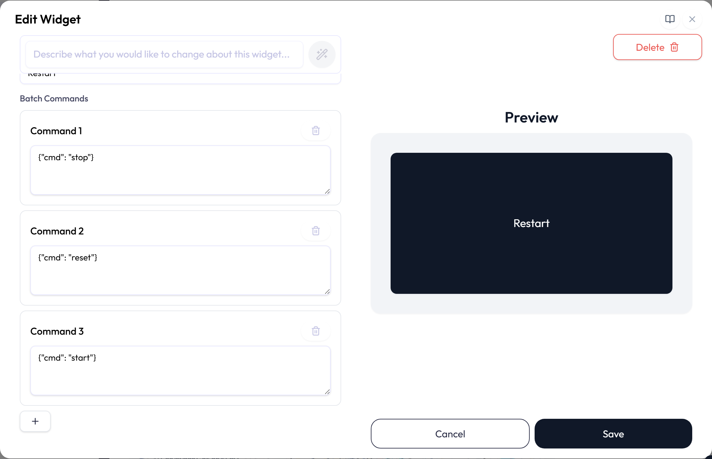 Button-style Data Push configured with several commands.