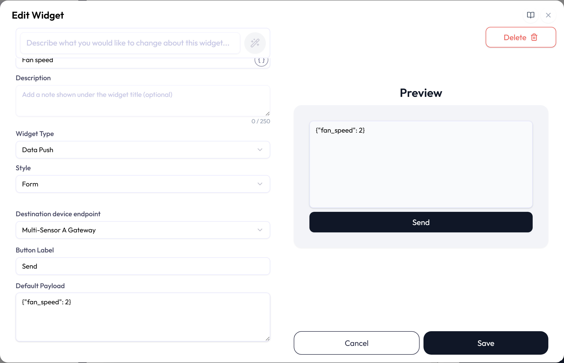 Form-style Data Push with an editable payload and send button.