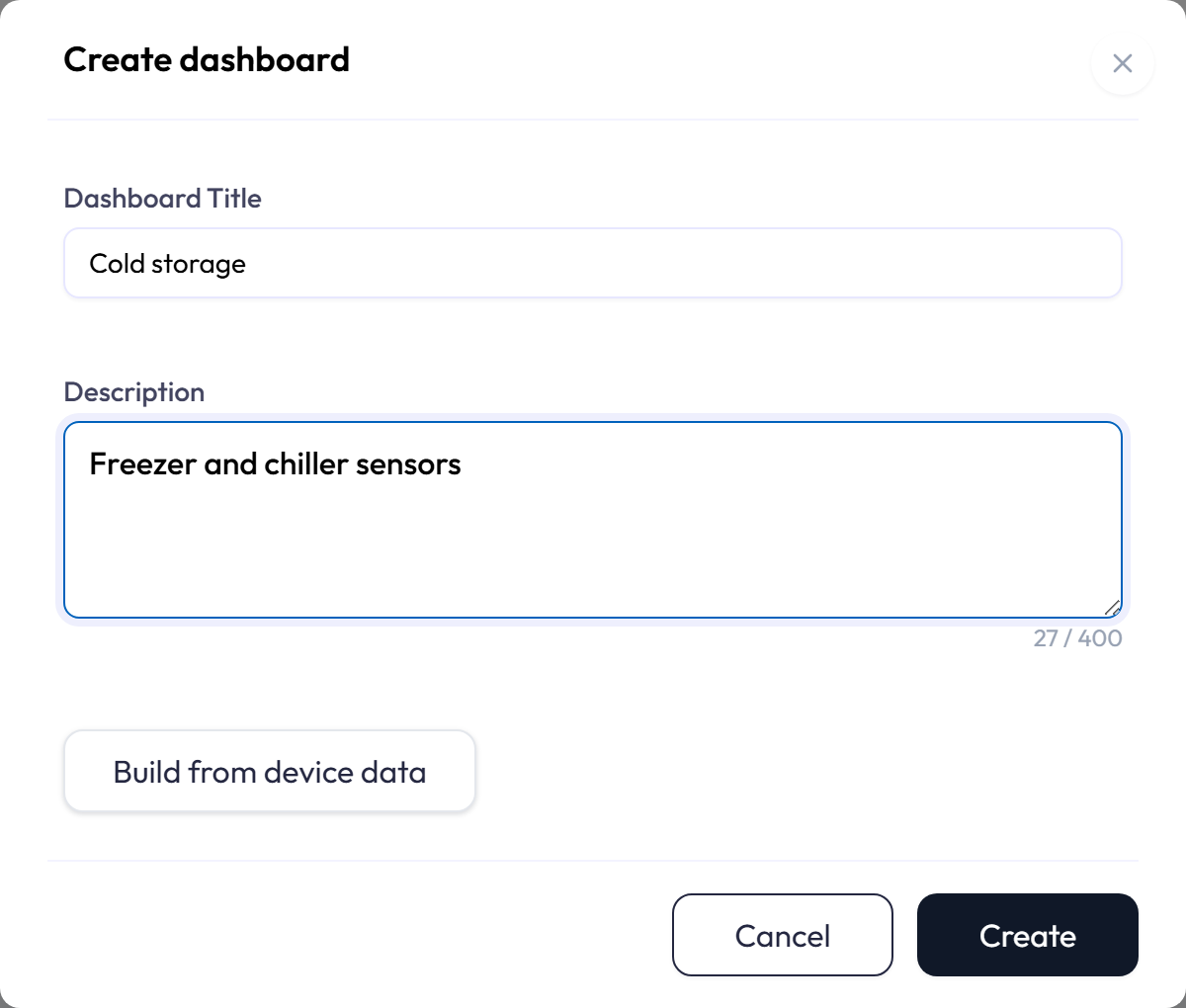 Create dashboard dialog with title and description fields and a Build from device data button.