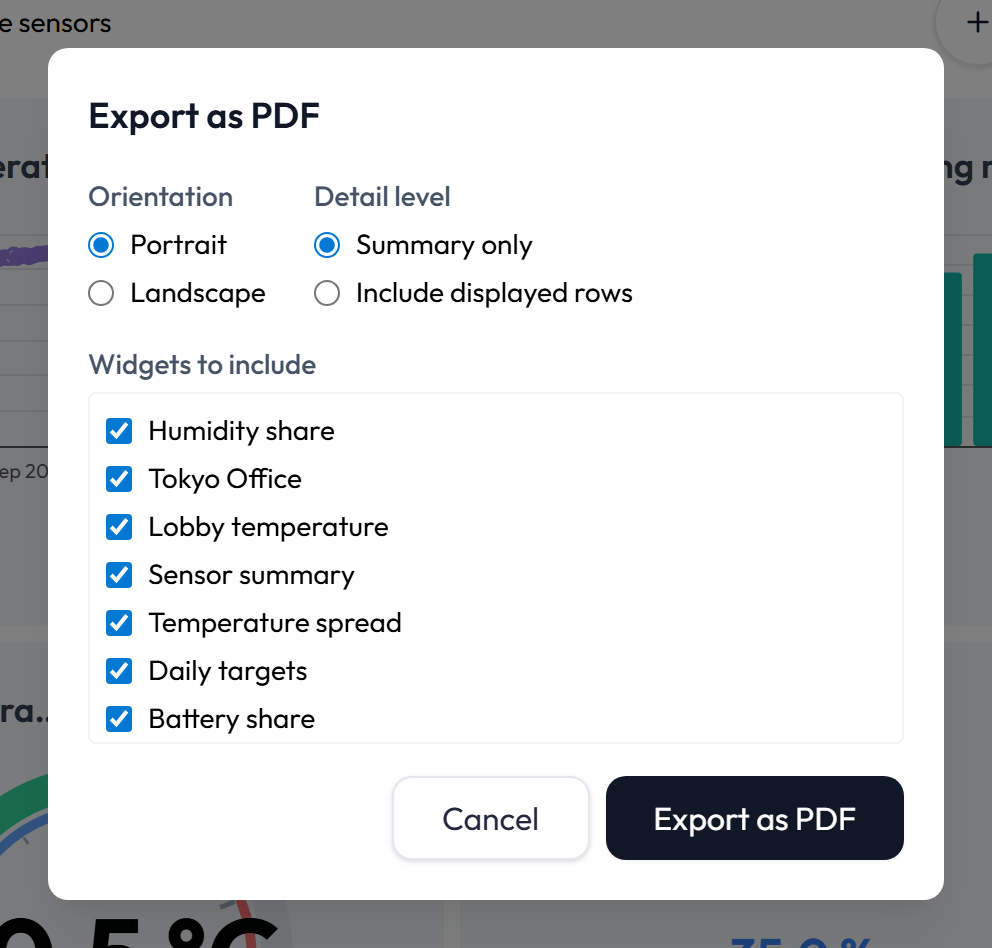 Export as PDF dialog with orientation, detail level, and widget selection.