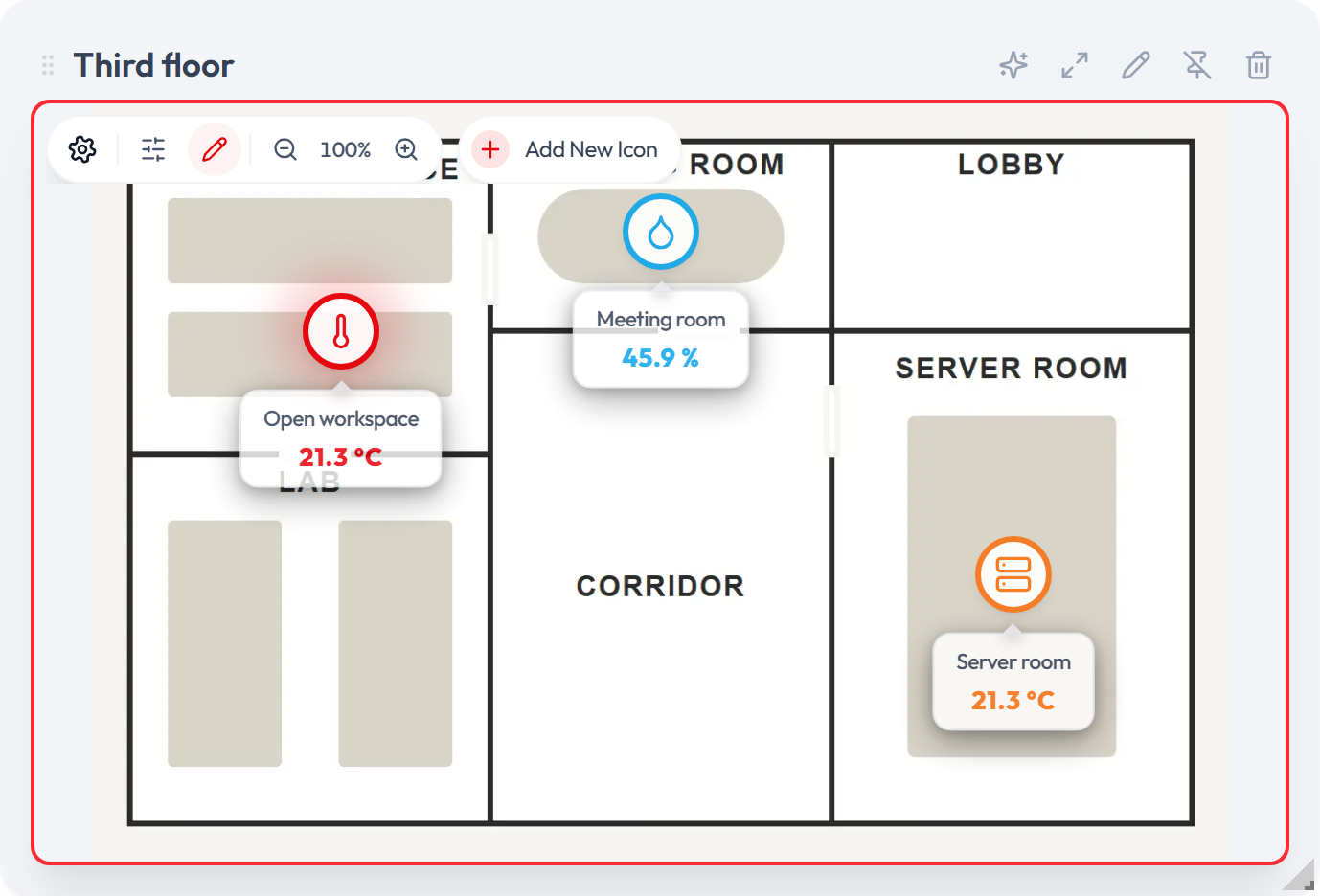The same Map widget with the settings strip expanded: filter, edit mode and zoom buttons are visible, an Add New Icon pill sits beside the strip, and a selected pin shows its menu with Edit position, Edit and Delete.
