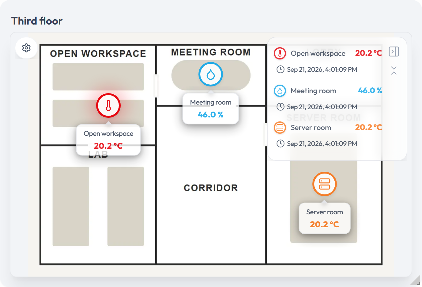 A Map widget on a dashboard: a floor plan with several pins showing icons and value labels, one pin colored red for an active alert, the legend panel in a corner listing each pin with its current value, and the round settings button at the top left of the image.