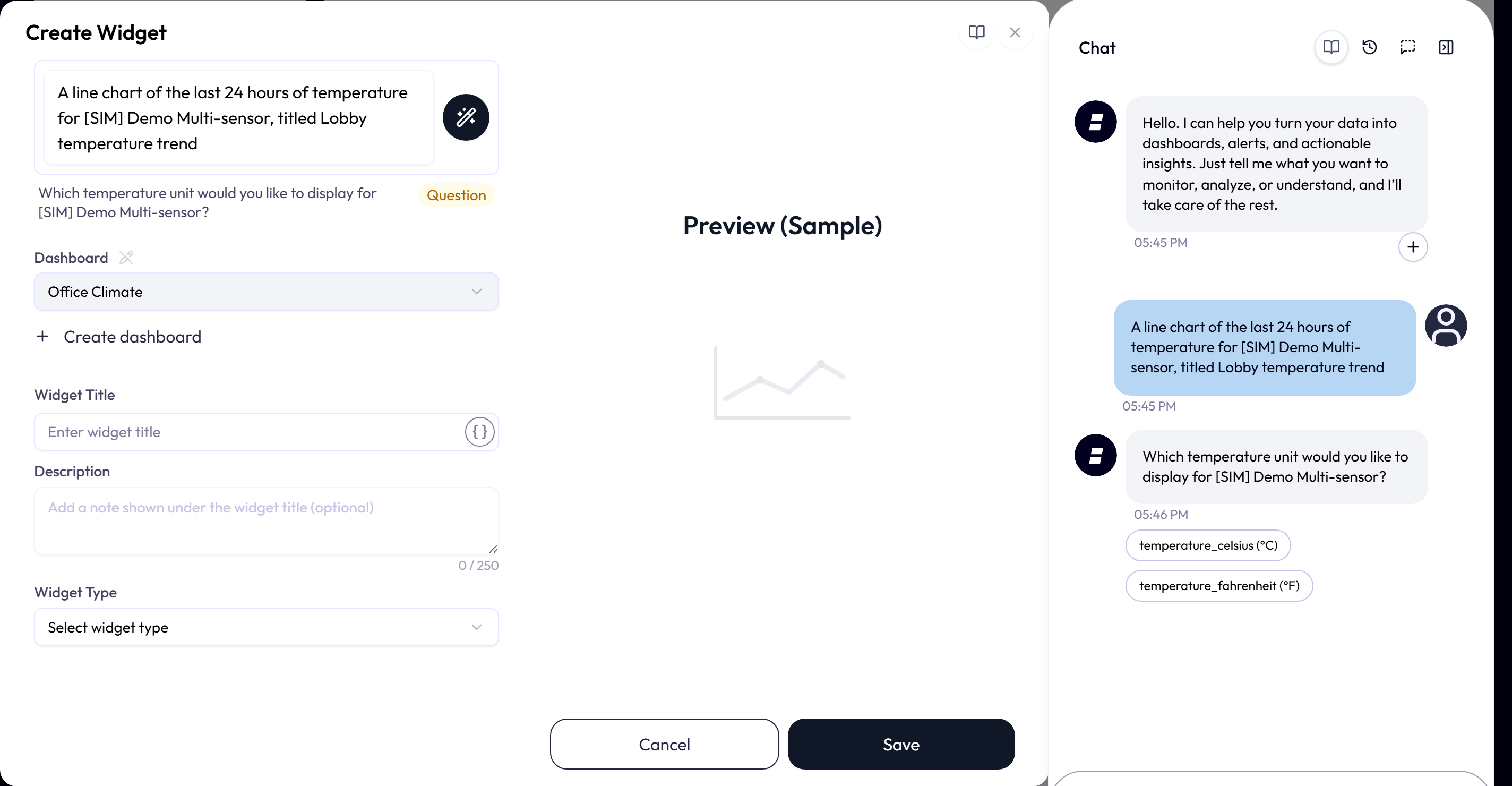 The Create Widget editor after an AI draft that needed a decision. The status row shows the assistant's question, Which temperature scale would you like to use for this sensor, with a yellow Question chip, and the form below is still empty with Preview (Sample) on the right.