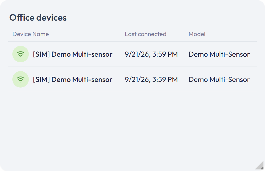 Device List widget with device names, status, and optional columns.