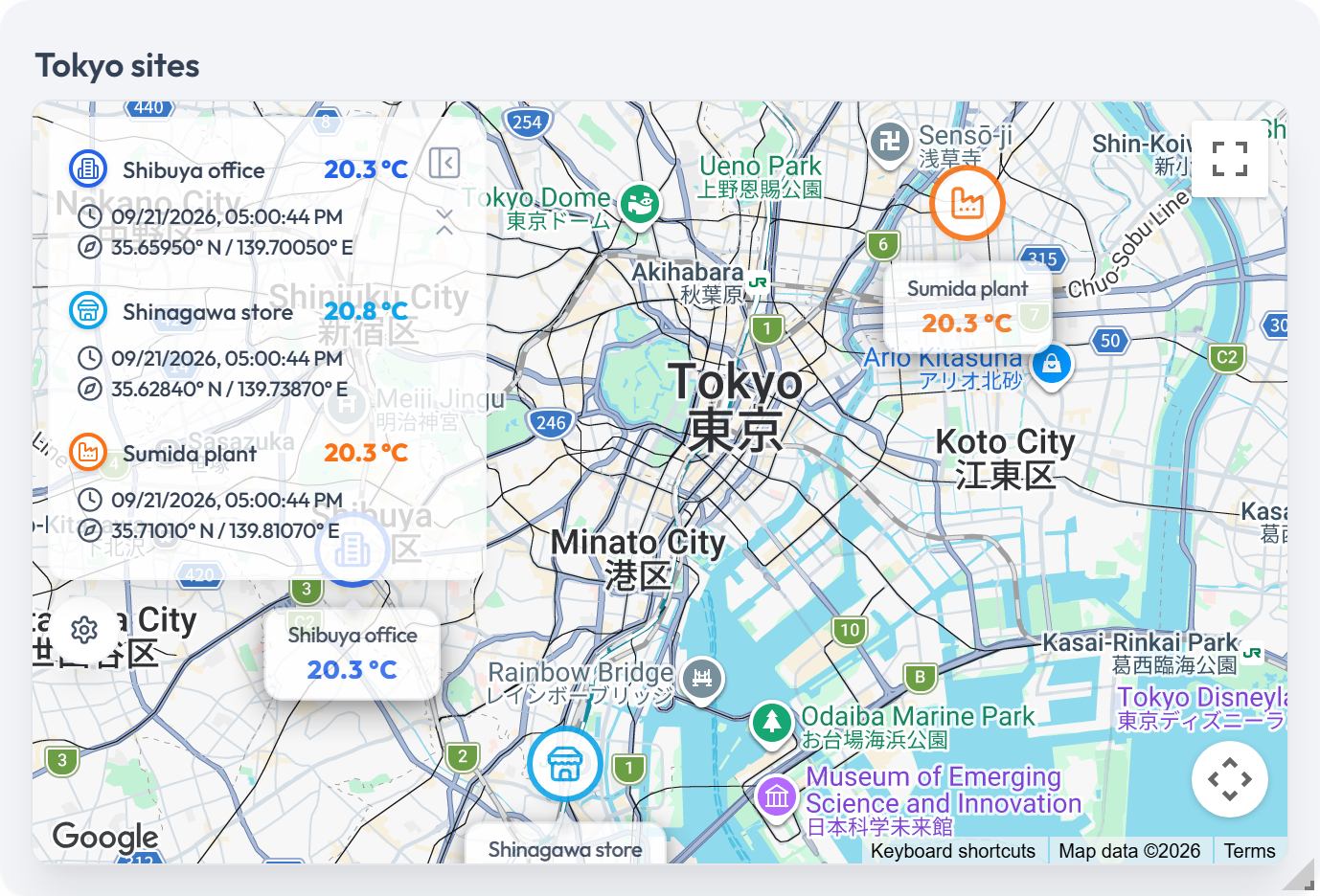 A World Map widget on a dashboard showing markers on a Google roadmap with value labels, and the legend panel listing each device with its coordinates and last reading time.