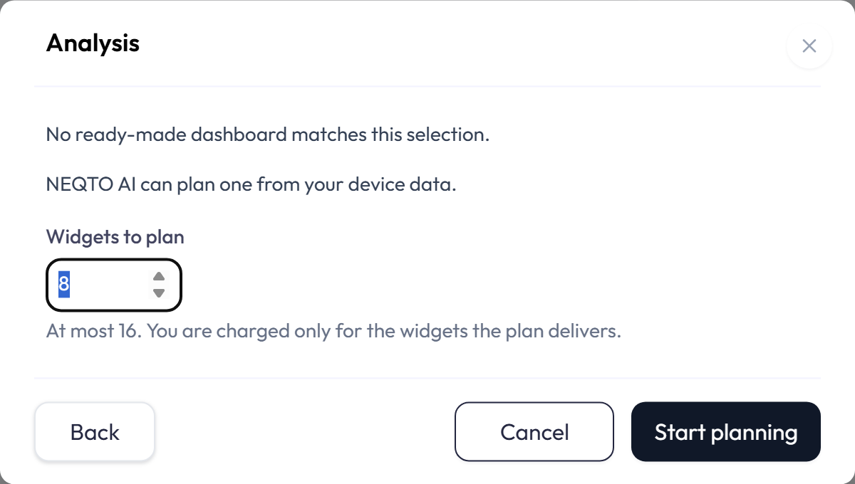 The Analysis step: No ready-made dashboard matches this selection, the assistant can plan one from your device data, a Widgets to plan field set to 8 with the note At most 16, and Back, Cancel and Start planning buttons.