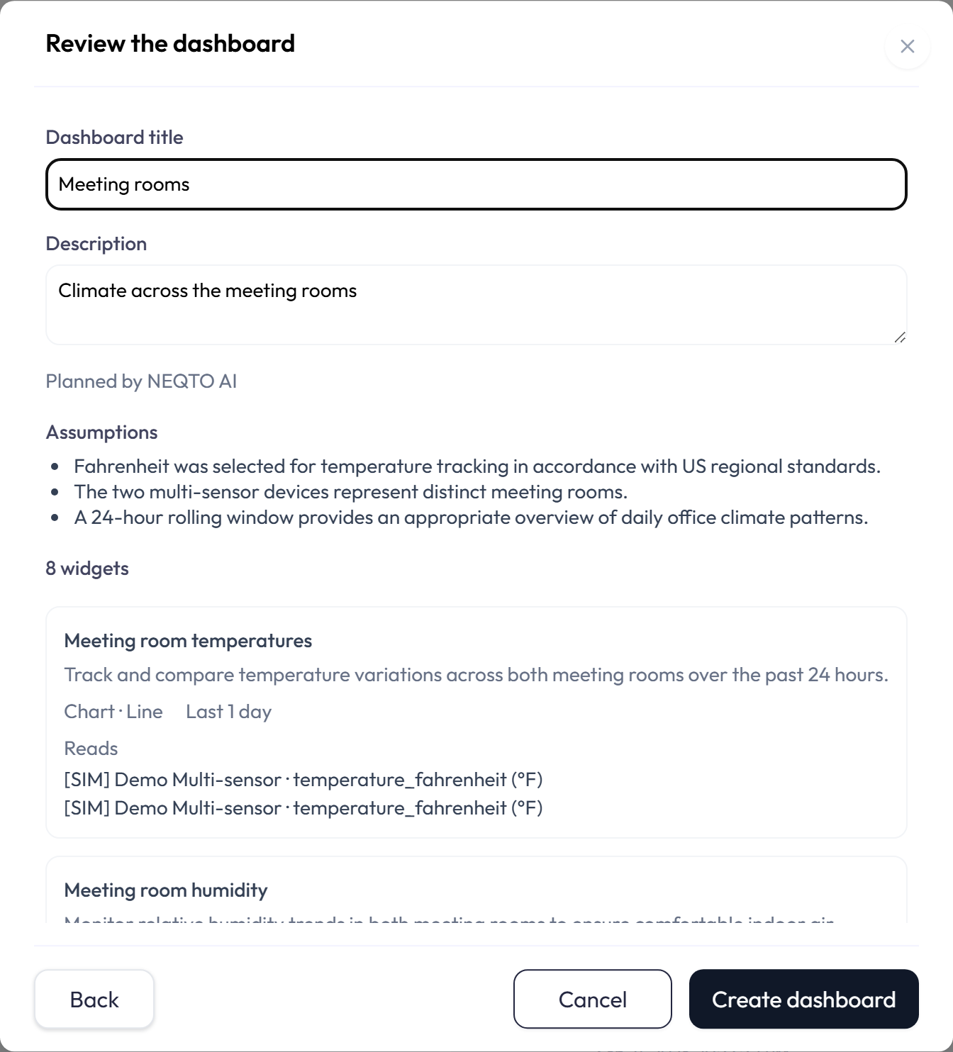 The Review the dashboard step: editable Dashboard title and Description fields, a line marking the plan as planned by the assistant, three Assumptions, the heading 8 widgets, and the first widget card, Meeting Room Temperature Trends, showing Chart · Line, Last 24 hours and two Reads lines of device · temperature_celsius (°C). Back, Cancel and Create dashboard buttons sit below.